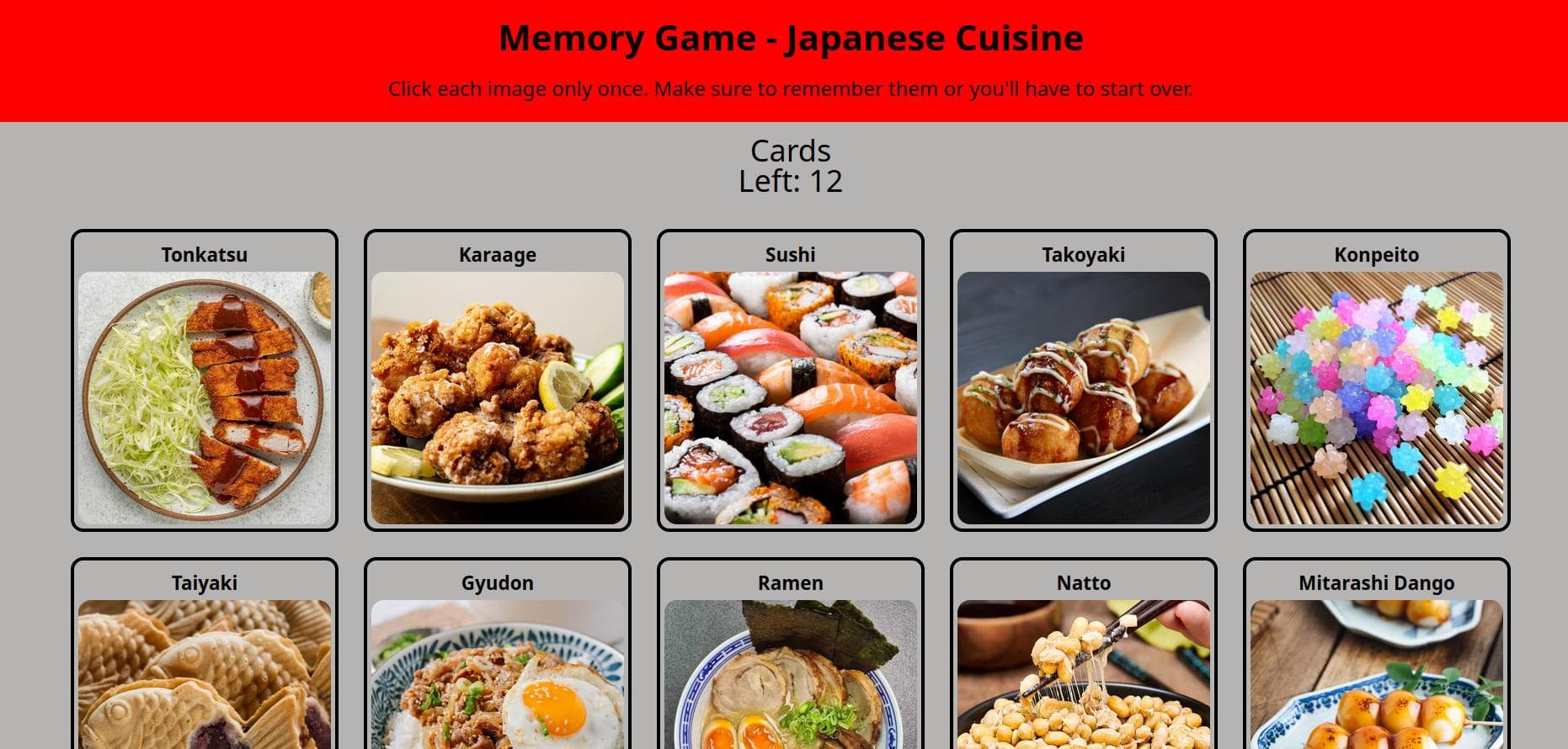 Japanese Cuisine Memory Match Game